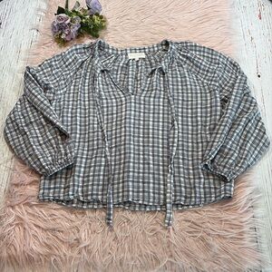 The Westside Grey Blue Plaid Tie Neck Peasant Top sz M